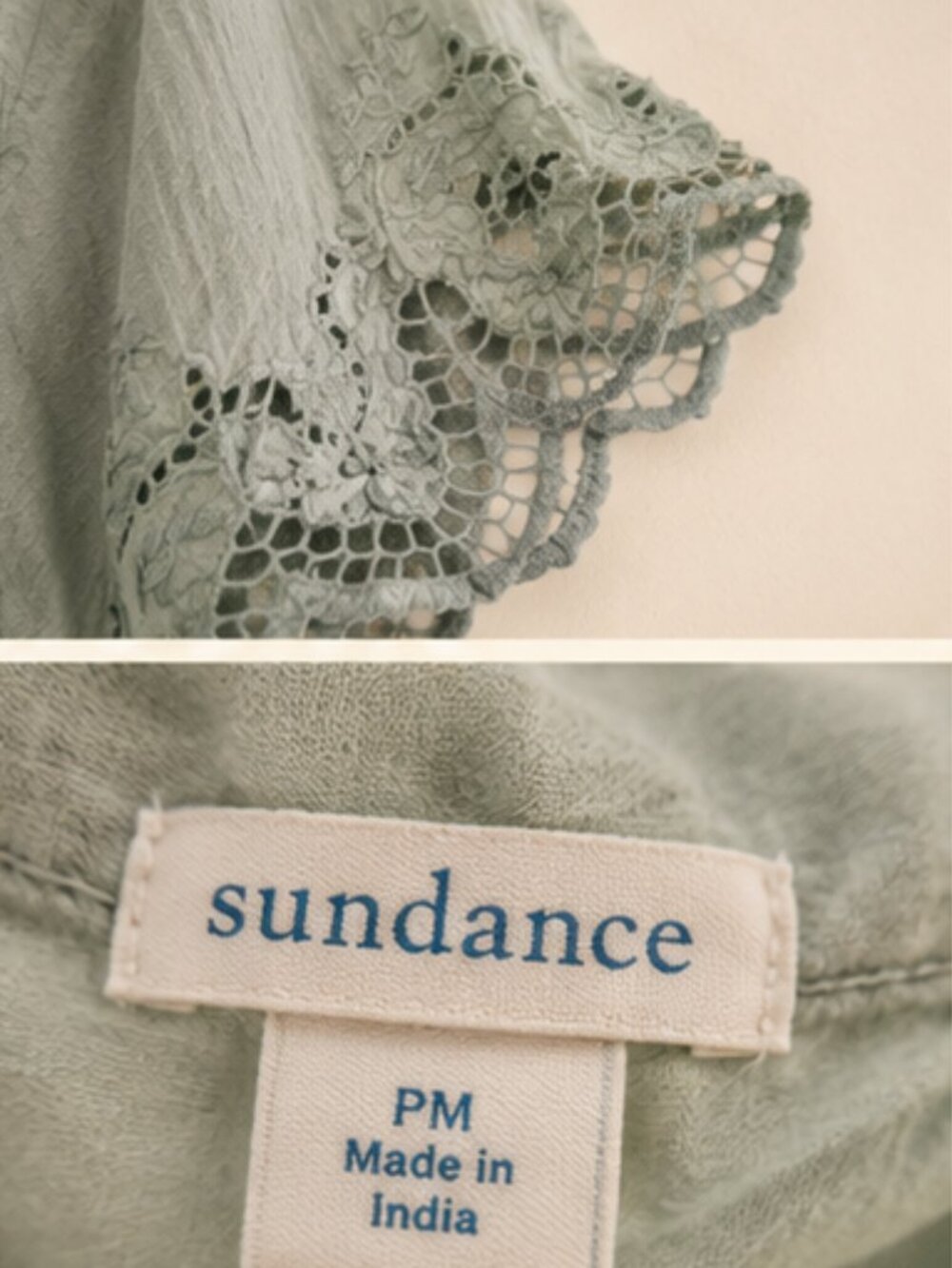 Sundance Prairie Chic Nostalgia Sage Embroidered Pintuck Lace Boho Blouse PM - Picture 6 of 9